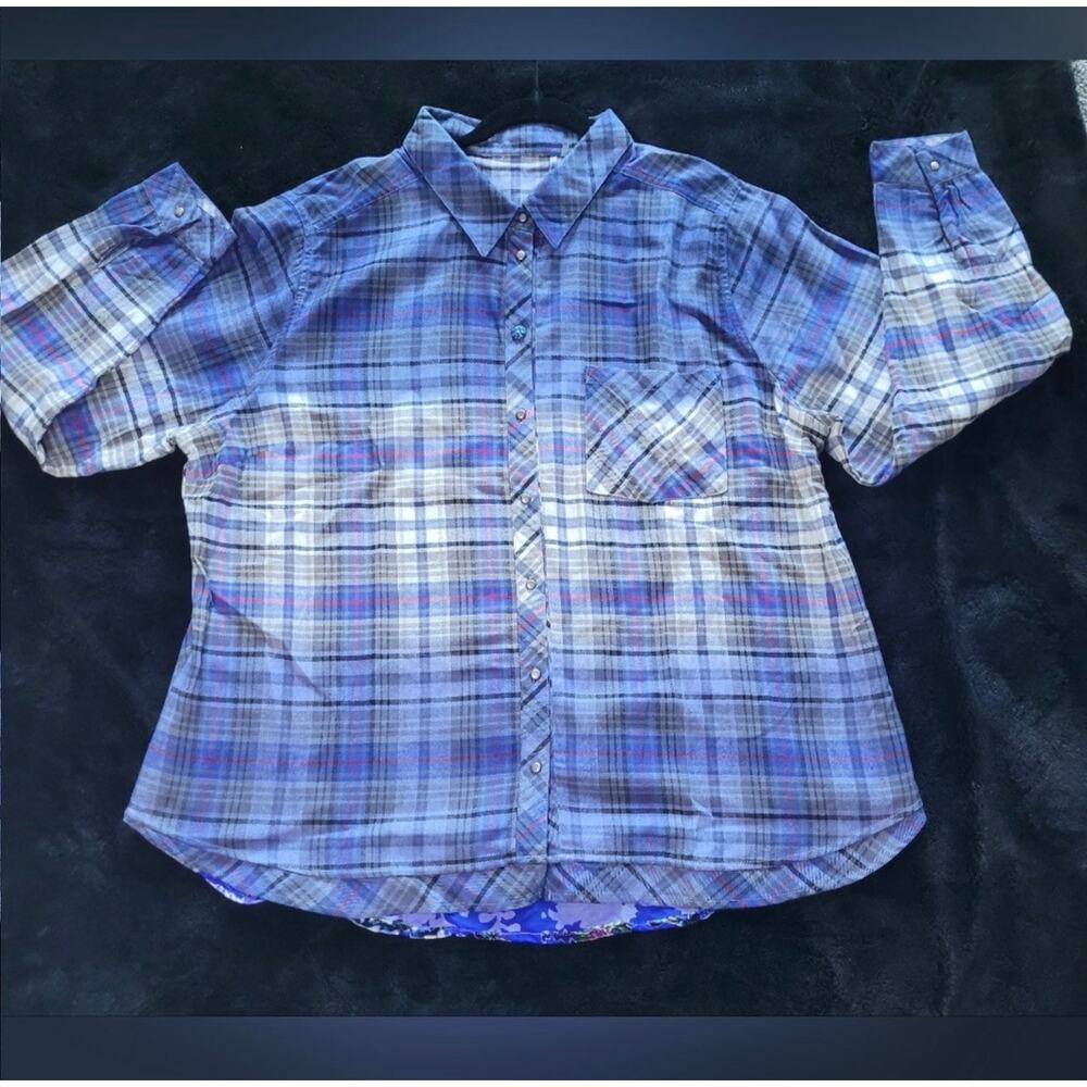 ARATTA Silent Journey Mixed Media Flannel Front Crushed Velvet Button-Up Sz. 3X - Picture 2 of 4